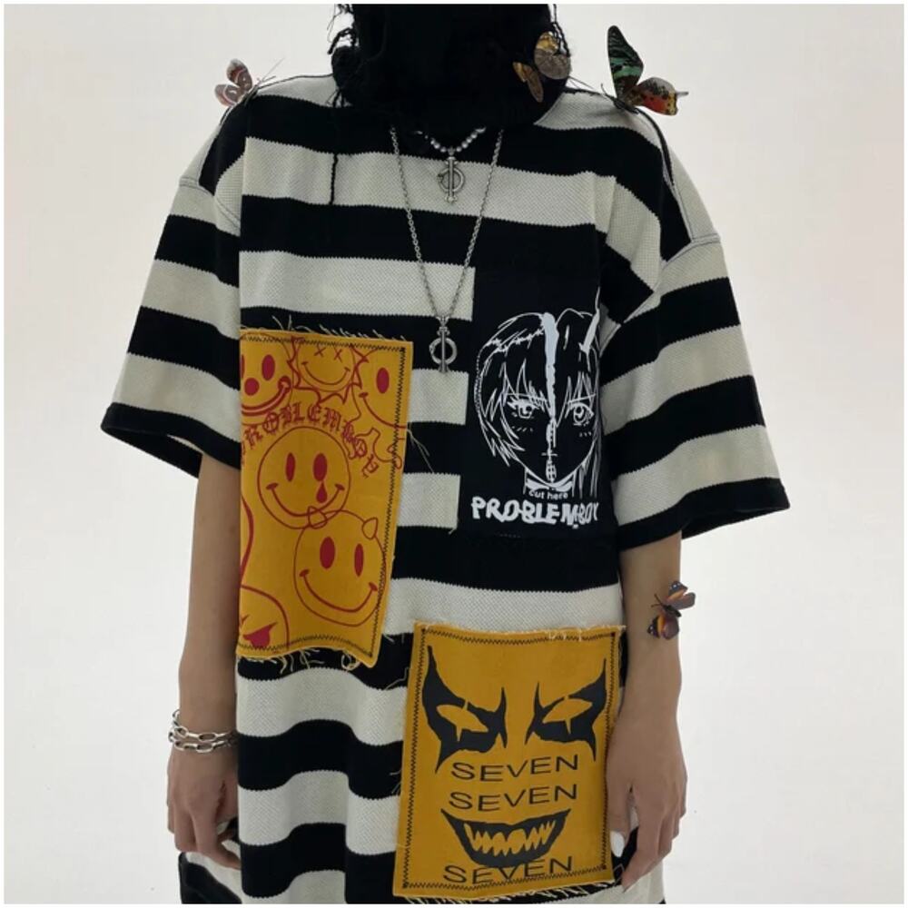SKOOT Underworld T-Shirt Black offwhite stripe patckwork